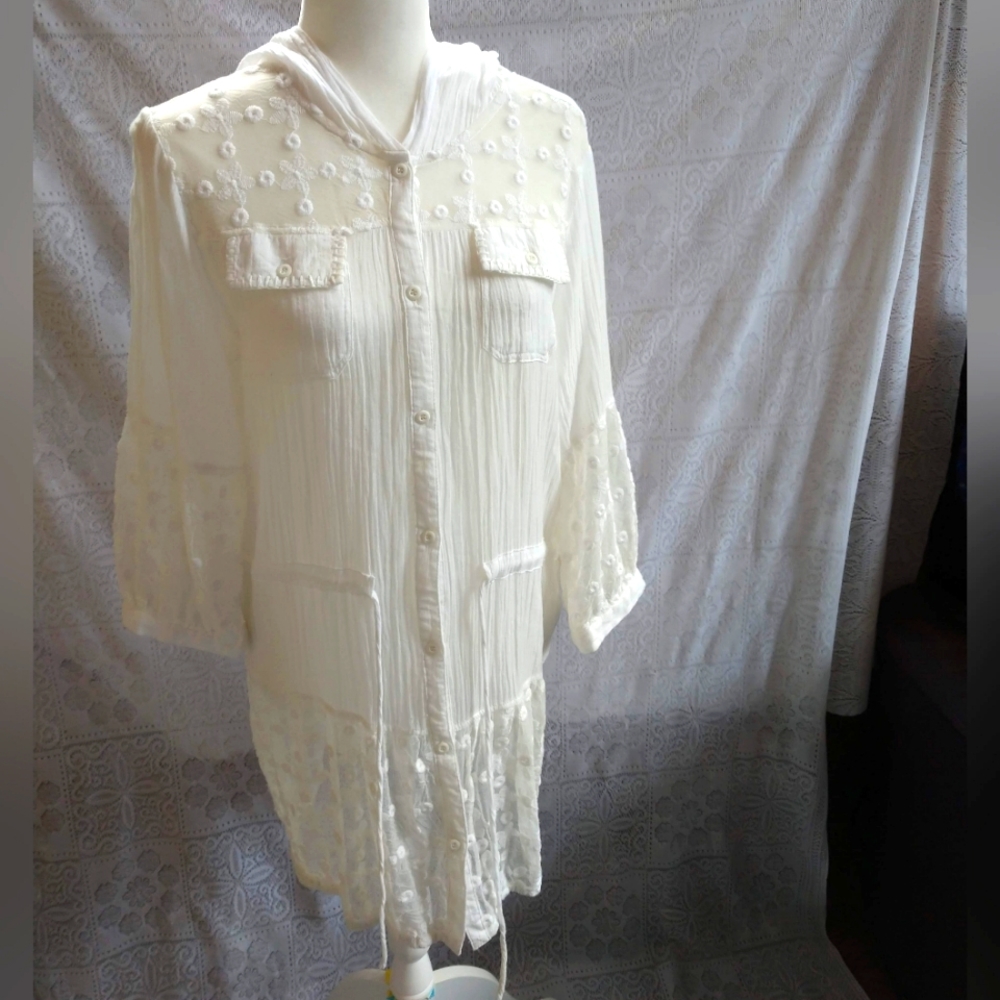 Monoreno White Cotton Hooded Lace Button Down Bell Sleeve Coverup Tunic Large